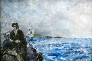 A painting, oil on canvas, entitled An Atlantic Drive, by Jack B. Yeats. The painting show four figures, the driver and three passengers on a side-car on the Atlantic Drive, Mullaghmore, Co. Sligo. They look out over the rough sea