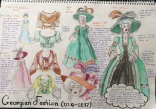 Illustrated sheet showing Georgian fashion (1714-1837) with hand-drawn outfits in pastel colours. Detailed notes surround the sketches, highlighting historical context.