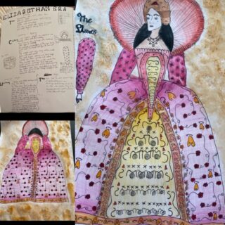 Three images featuring a detailed drawing of a woman in ornate, colourful attire with a large headdress. A sketch with notes is visible, capturing a creative process.
