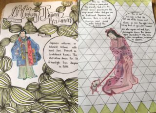 Illustrated journal pages feature traditional Chinese attire. Left: a figure in a blue robe with green pants beside leafy patterns. Right: a figure in a flowing pink gown on a geometric background. Both pages include text bubbles with handwritten notes.