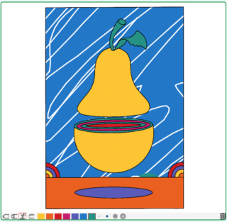 Colourful digital art of a split pear with a blue swirly background. Aesthetic: playful and surreal, with vivid orange, green, and purple accents.