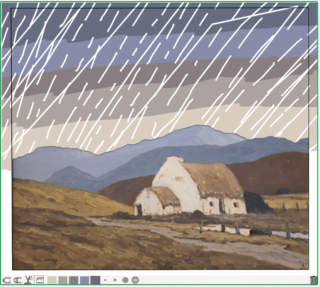 A stylized painting depicts a rural scene with a thatched-roof cottage under heavy rain. Rolling hills and distant mountains create a calm, rustic atmosphere.