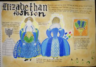 Illustrated Elizabethan fashion poster features two women in elaborate blue gowns with ruffled collars. Text details clothing elements; map and crest in corners.