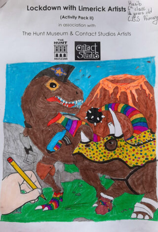 Colourful drawing of a dinosaur and a stegosaurus, both wearing quirky outfits, in front of a volcano. A hand holding a pencil appears, suggesting creativity. The scene is playful and imaginative.