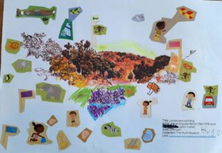 Mixed media artwork featuring a vibrant landscape collage at the center, surrounded by various colourful cut-outs, creating a playful and creative tone.