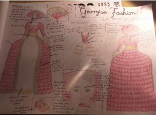 Hand-drawn fashion sketches depicting 18th-century gowns. The designs are detailed with notes and feature pink hues, ruffles, and lace. The header reads 'Georgian Fashion' in cursive script. The image conveys a sense of historical elegance and intricate design.