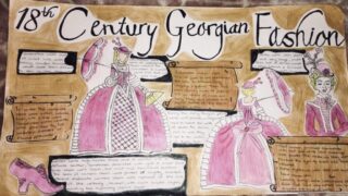 Illustration depicting 18th-century Georgian fashion with women in pink dresses, adorned with lace. Informative text boxes describe clothing details. Vintage, elegant style.