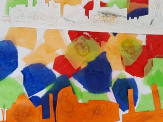 Abstract artwork featuring overlapping shapes in red, blue, orange, green, and beige. The colourful composition conveys a vibrant and dynamic energy.