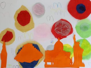 Abstract artwork with colourful circles and orange silhouettes of buildings on a pale background. The atmosphere is vibrant and playful.