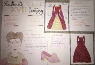 Illustrated poster of 18th-century fashion featuring a woman in vintage attire, two ornate dresses, pink shoe, and handwritten notes on style details.