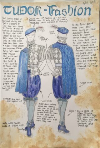 Illustration of Tudor fashion showing two men in traditional blue attire with detailed patterns. Accompanying text describes clothing elements and historical context. The tone is informative and educational.