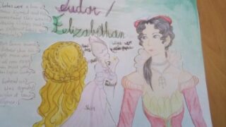 Illustrated scene with three women in colourful dresses, showing expressions of conversation. One woman has long blonde hair, another wears a pink gown. Text overlays add context.