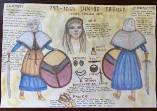 Illustrated character sheet with a medieval theme. Features a female warrior in a detailed cloak and gown, front and back views, with a shield and sword. Sketches and notes fill the background.
