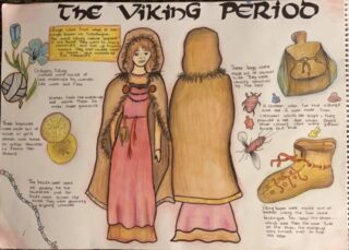 Illustrated overview of Viking period attire. Features a front and back view of a woman in a long pink dress and brown cloak. Surrounding items include coins, a bag, and a shoe, with handwritten descriptions detailing Viking clothing and accessories. The tone is educational and historical.