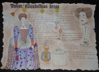 Illustrated history project on Tudor Elizabethan dress, featuring drawings of period clothing, text descriptions, and diagrams on aged parchment.