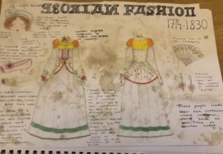 Sketch of Victorian-era Sicilian fashion featuring two dresses with colourful headpieces. Details and notes surround the drawings, giving a vintage feel.
