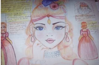 Drawing of a woman with long hair, wearing a jewelled headpiece and necklace. Surrounding sketches show similar figures in elegant dresses. Text is in the background.