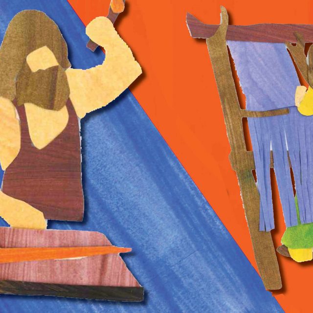 Paper cutout illustration of a Viking man making equipment with a hammer, and a Viking woman weaving