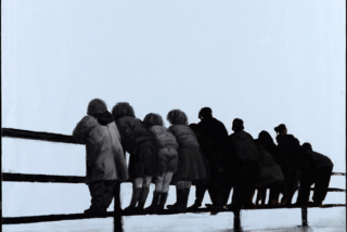 Silhouetted group of children and adults lean over a fence, gazing into the distance. The mood is contemplative against a pale blue sky.