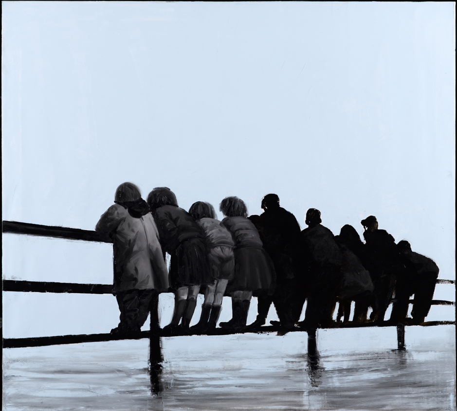 Silhouetted group of children and adults lean over a fence, gazing into the distance. The mood is contemplative against a pale blue sky.