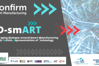 A digital poster for ED-smART features overlapping arrows and abstract blue light beams, promoting smart manufacturing through art. Includes partner logos.