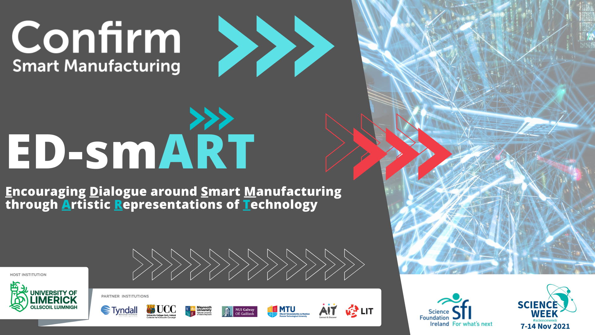 A digital poster for ED-smART features overlapping arrows and abstract blue light beams, promoting smart manufacturing through art. Includes partner logos.