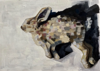 Abstract painting of a rabbit with a pixelated effect, featuring muted earth tones against a light grey background. The tone is calm and textured.