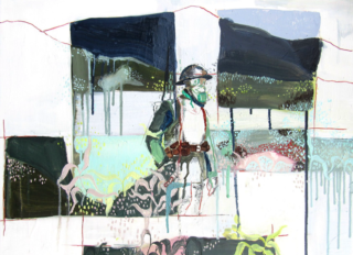 Abstract painting of a soldier in protective gear amid geometric shapes and drips. Earth tones with red and green create a surreal, contemplative mood.