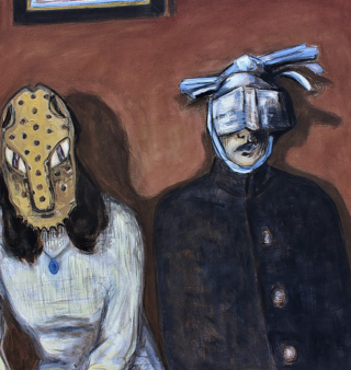 Painting of two people against a brown background. One wears a yellow mask with black spots; the other has a helmet made of open books. Emotive, surreal tone.
