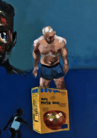 A muscular figure stands on a large tofu miso soup box against a blue background. A partially visible abstract face appears on the left, adding a surreal tone.