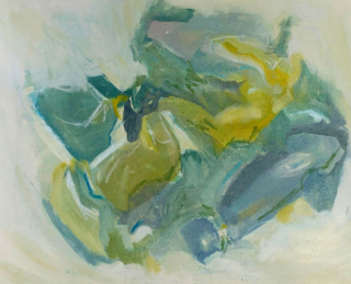 Abstract painting with swirling shades of green, blue, and yellow. The brushstrokes are fluid, creating a sense of movement and calmness.