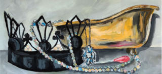 A painting of a black tiara with colourful beads draped over it, placed next to a golden bathtub. The background is a muted grey, creating a regal yet serene atmosphere.