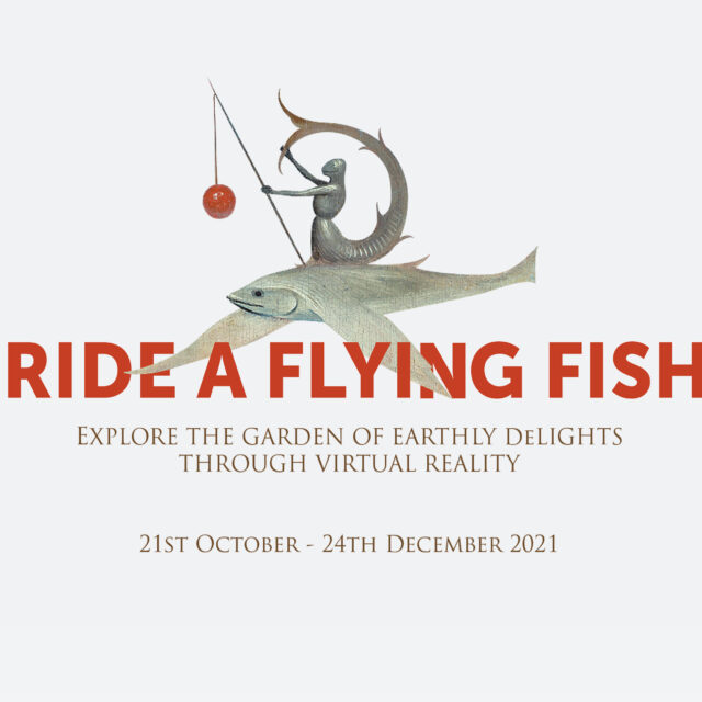 Flying fish illustration with a surreal figure, alongside bold text 