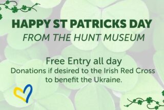 Green shamrocks border a St. Patrick's Day greeting from the Hunt Museum. Free entry is offered, with optional donations to the Irish Red Cross.