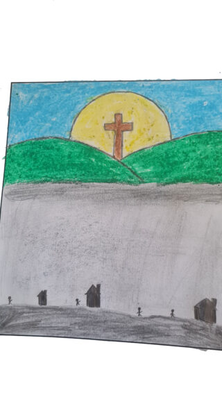 Child's drawing showing a sunrise over green hills with a cross. The foreground depicts a grey path with shadows. The scene conveys hope and serenity.