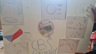 A handmade poster with colourful sketches and words like 