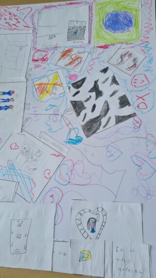 A collage of colourful hand-drawn artwork featuring geometric shapes, abstract patterns, hearts, and scribbles. The mood is playful and expressive.