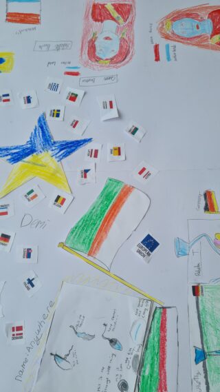 Colourful abstract drawing featuring a large blue star, yellow and green elements, and several international flags. Energetic and lively composition.