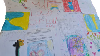 A colourful poster displays various drawings and doodles by children. It features bright colours, scribbles, and playful, creative designs, evoking joy and imagination.