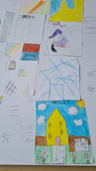 A collage of colourful children's drawings on a poster, featuring houses, clouds, and geometric shapes. Doodles and text surround the artwork.