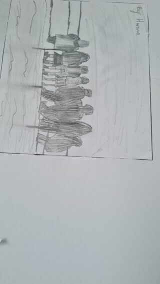 Pencil sketch of seven people standing in a vertical line. They appear to be in a hallway with light shading and minimal details, conveying a neutral tone.