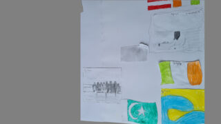 A collage featuring various hand-drawn flags and coloured rectangles on a white background. Vibrant colours include orange, green, blue, and red.