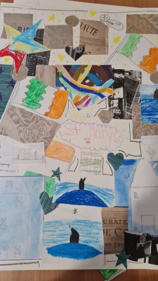Collage of colourful drawings and torn paper pieces, featuring sailboats, trees, mountains, and abstract shapes, creating a lively, chaotic composition.