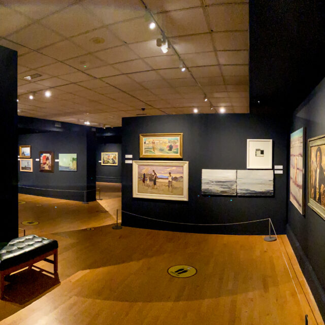 A Wild Atlantic Way. The Hunt Museum's gallery with dark blue walls featuring various framed paintings. Soft lighting creates a serene, contemplative atmosphere.