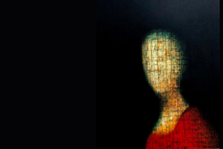 Abstract painting of a figure with a textured, grid-like face and red body against a dark background, conveying mystery and introspection.