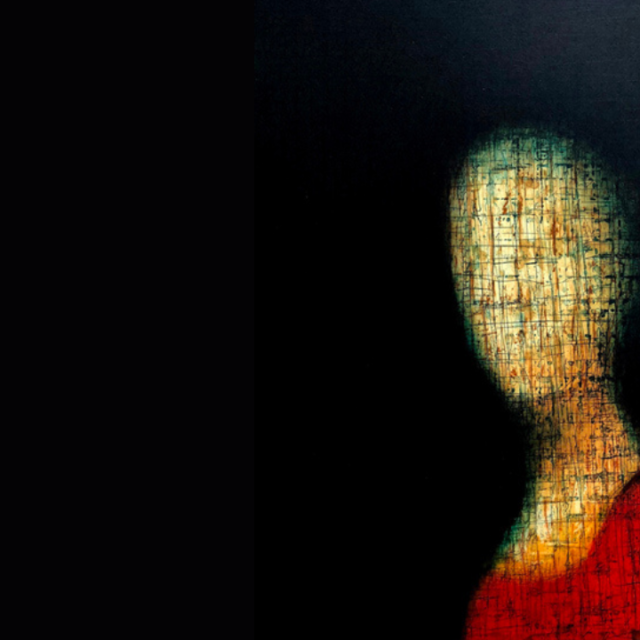 Abstract painting of a figure with a textured, grid-like face and red body against a dark background, conveying mystery and introspection.
