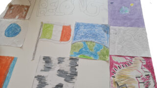 A collage of children's drawings features colourful shapes, abstract designs, and patterns. The tone is playful and creative, showcasing youthful imagination.