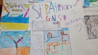 Children's colourful drawings featuring trees, a rainbow, and the words 