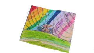 A vibrant drawing of a colourful hot air balloon soaring over a landscape, featuring green fields below and a sky with rainbow stripes, conveying a sense of adventure.