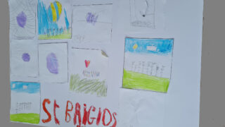 Children's drawings on white paper, featuring colourful shapes, nature scenes, and text 